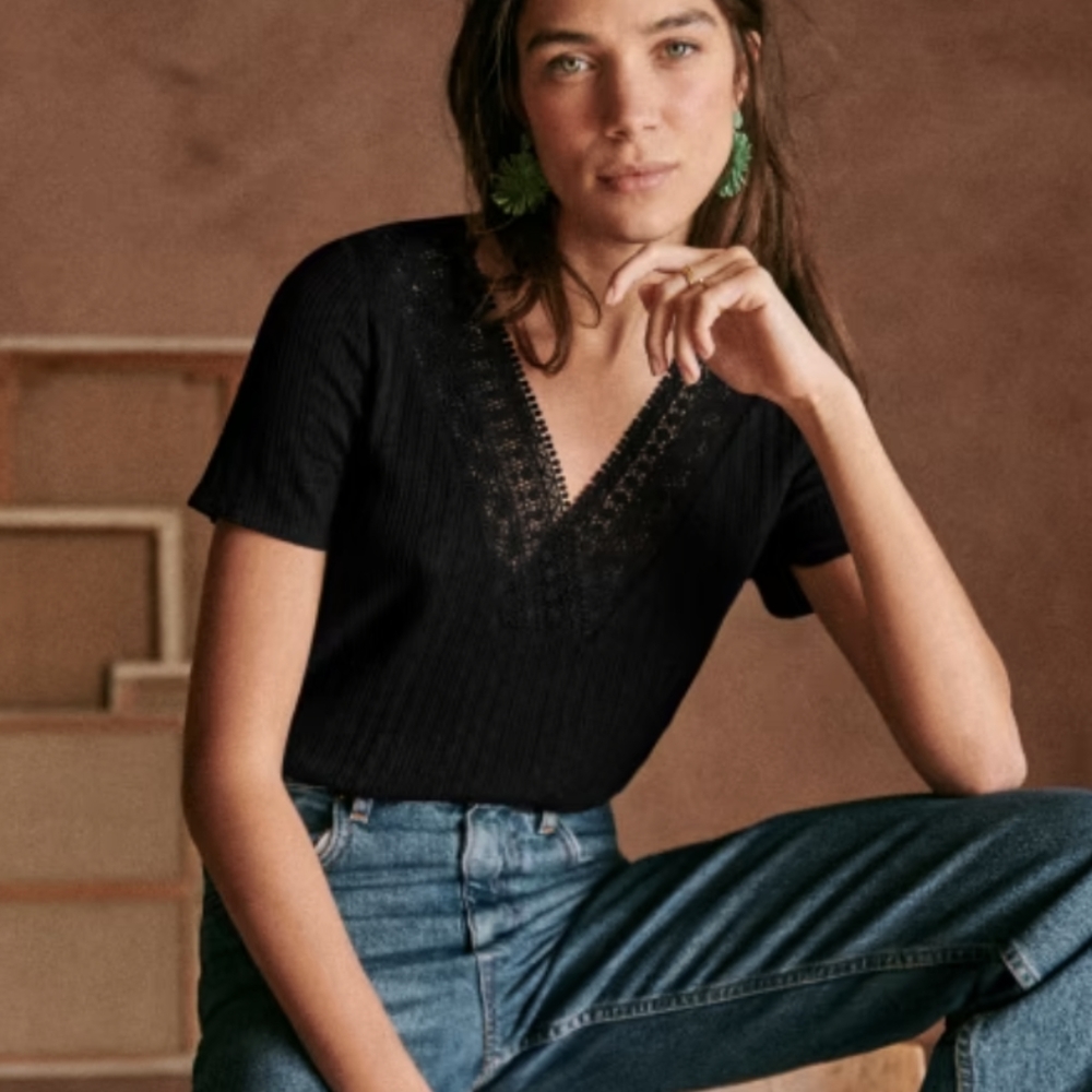 Sezane Cassiopee Black Lace V Neck T Shirt